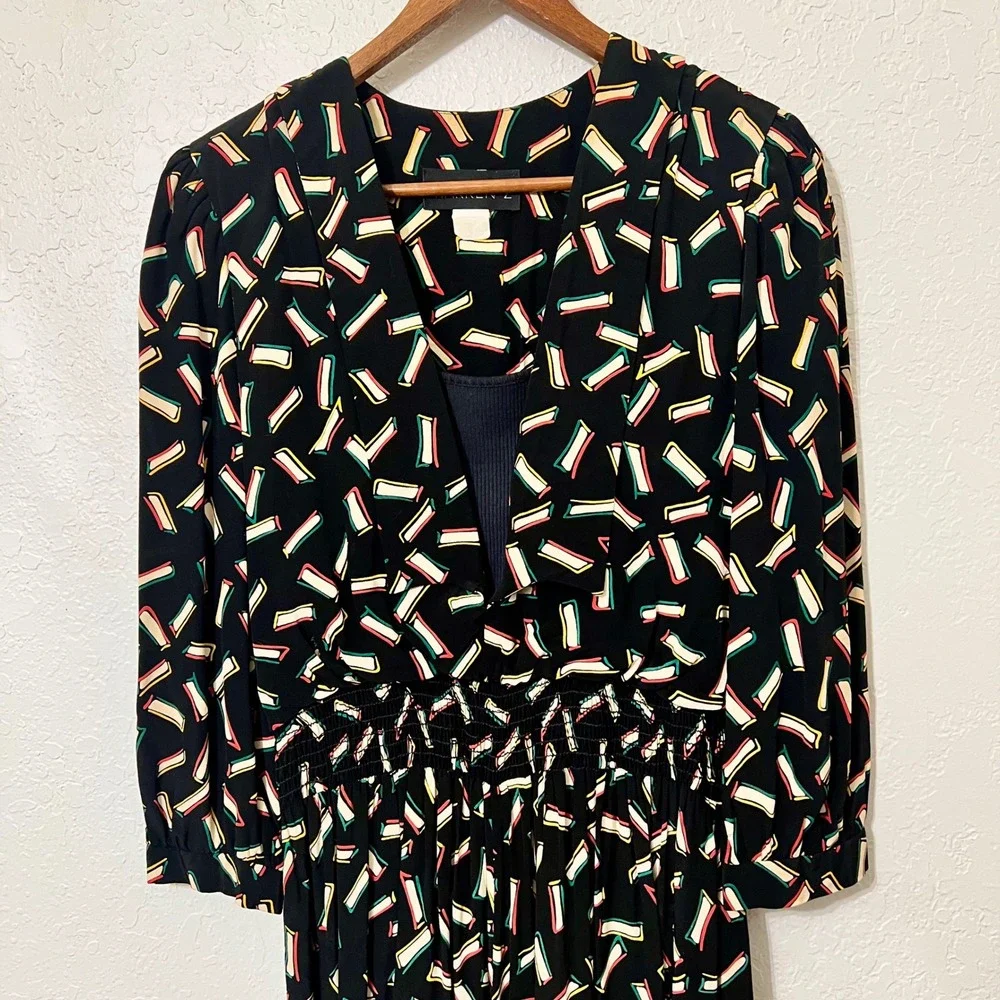 WARREN Z Black Abstract Geometric‎ Print Midi Dress Smocked Waist Retro 80s VTG